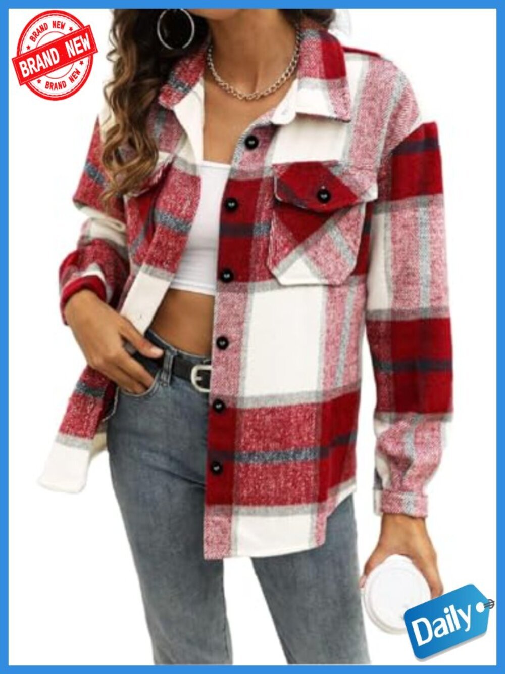 Plaid Flannel Shacket Button Down Blouse Tops Long Sleeve Loose Fit Polyester